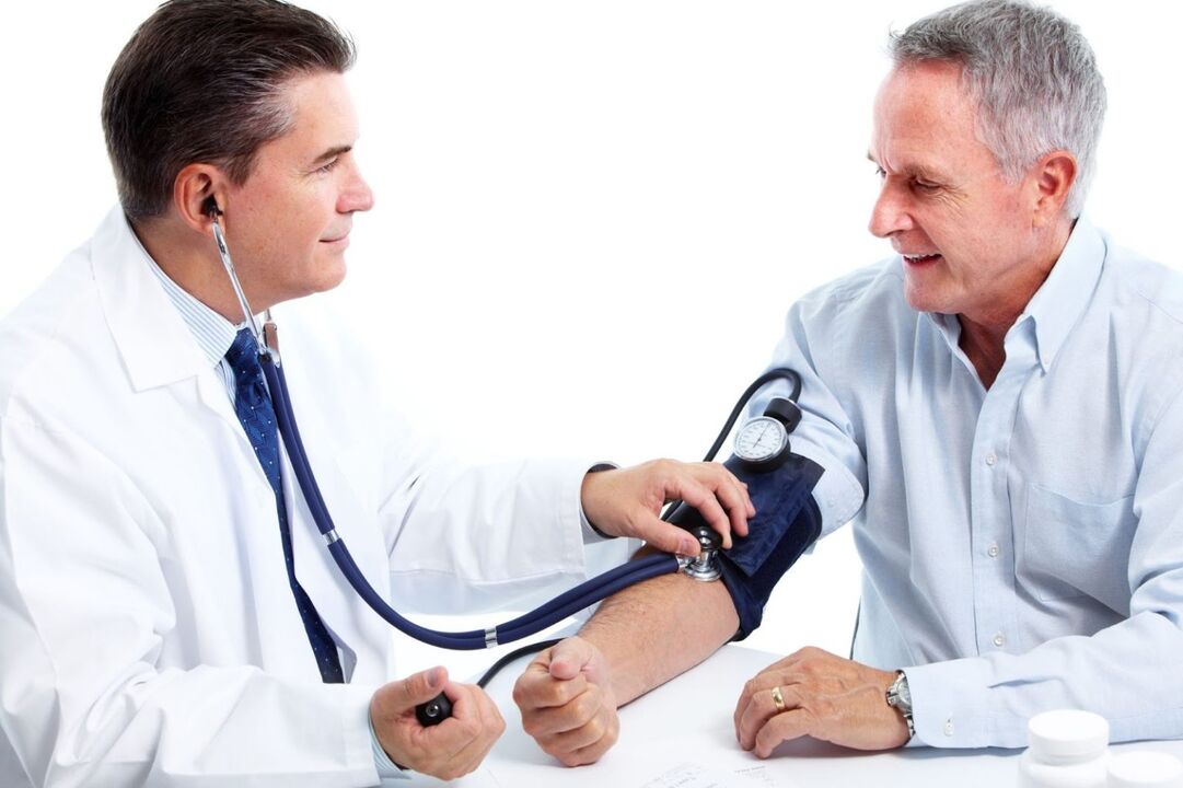 The doctor measures the patient pressure with hypertension